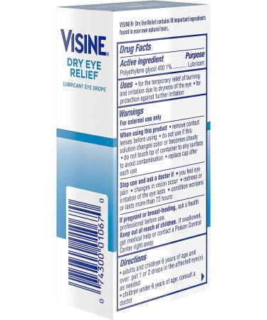 Visine Dry Eye Relief Lubricant Eye Drops | Moisturize & Soothe Irritated Eyes | Polyethylene Glycol Formula | 0.5 fl. oz - Pack of 1 - Buy Online on GoSupps.com