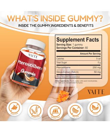 Pterostilbene Supplement Gummies 250mg - Supports Powerful Antioxidant for Skin Radiance & Longevity Formula Support Cognitive & Cellular Protection Vegan Non-GMO Soy-Free 60 Chewables - Buy Online on GoSupps.com