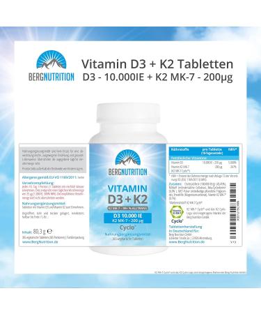 Berg Nutrition Vitamin D3 10 000 IU + K2 200 g | Premium Vegan Tablets for Immune Support | 365 Highly Dosed & Divisible Vitamins - Buy Online on GoSupps.com