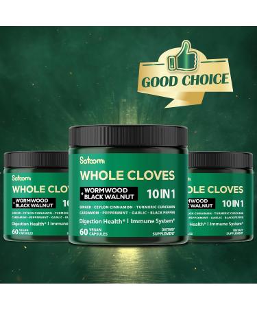 Satoomi 10in1 Clove Supplement Rich in Vitamins & Minerals for Digestive, Immune System, Bone & Heart Health with Wormwood, Black Walnut, Cinnamon, Turmeric, Ginger, Cardamom - 60 Capsules - Buy Online on GoSupps.com
