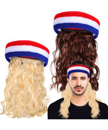 Giegxin 2 Pieces Mullet Wig USA Headband American Flag Style Sports Striped Sweatbands Removable Stick On Wig for Man 4th of July Accessories  Blonde  Brown