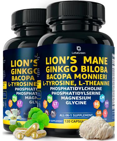 Organic Lions Mane Supplement Capsules - 240 Real Mushrooms Lion's Mane Capsules with Ginkgo Biloba Herb Bacopa Monnieri L Theanine L Tyrosine - Mushroom Complex for Daily Wellness 120 Count (Pack of 2)