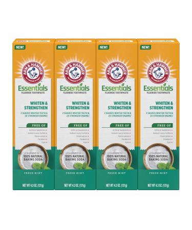 ARM & HAMMER Essentials Whiten & Strengthen Fluoride Toothpaste-One 4.3 Ounce Tube, Fresh Mint- 100% Natural Baking Soda- Fluoride Toothpaste (Pack of 4) Whitening & Strengthening