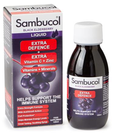 Sambucol Natural Black Elderberry Extra Defence Vitamin C B6 & D Zinc Folic Acid & Minerals Immune Support Supplement Multicoloured 120 ml