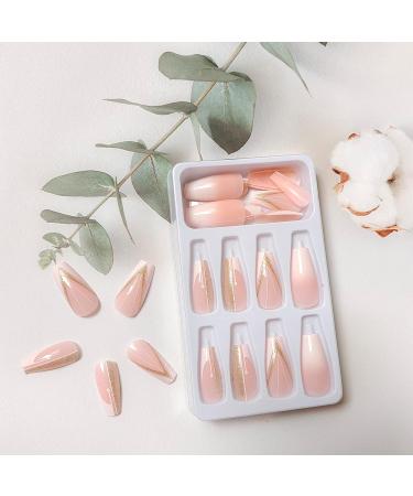 24Pcs Glitter French Press On Nails - Medium Coffin False Nails for Women - Almond Shaped Acrylic Stick On Nails - Buy Online on GoSupps.com