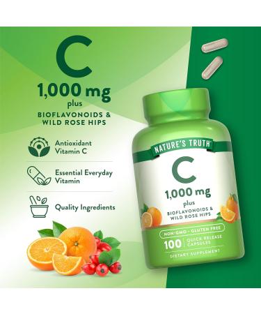 Nature's Truth Vitamin C 1000mg | 100 Capsules | with Wild Rose Hips & Bioflavonoids | Non-GMO & Gluten Free Supplement - Buy Online on GoSupps.com