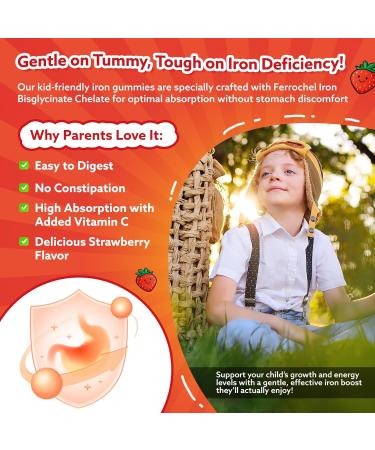 Iron Gummies for Kids & Teens Kids Multivitamin with Iron Supplement Calcium Folate Zinc Prebiotic - for Blood Builder & Energy Support Iron Deficiency - Vegan & Non-GMO - 60 Count Strawberry Strawberry 60 Count (Pack  - Buy Online on GoSupps.com