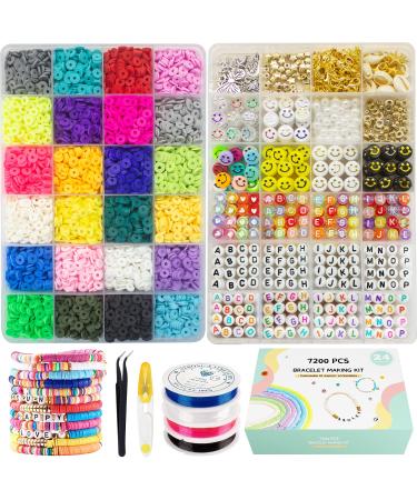 Clay Beads for Bracelet Making Kits, 24 Colors Flat Clay Heishi 6000 Pcs Beads |1200 Pcs jewelry accessory | 14 A-Z Smiley Face Beads,Strings for Jewelry Making Kit Bracelets for Preppy Girls 6-12