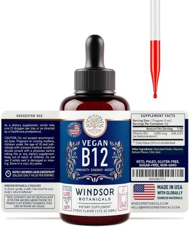 Max Strength Vegan Vitamin B12 Liquid - 5000 mcg Methylcobalamin Supplement - Citrus Flavor Sublingual Drops for Mood and Energy - 2oz - Buy Online on GoSupps.com