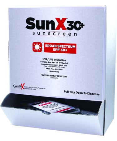 Coretex 56410 Sun X SPF 30+ Broad Spectrum Single Dose Sunscreen Lotion with UVA/UVB Protection (Box of 50)