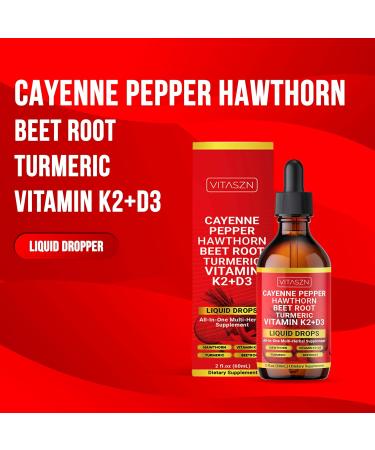 Cayenne Pepper Drops Liquid Supplement with Hawthorn Berry Vitamin D3 + K2 Beet Root Ceylon Cinnamon Turmeric Curcumin Panax Ginseng & Berberine Vegan-Friendly Easily Absorbed 2oz - 60ml - Buy Online on GoSupps.com