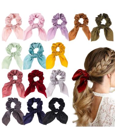 WATINC 14 Pcs Bowknot Hair Scrunchies Super Soft Silk Scarf Hair Ties 2 in 1 Design Solid Colors Scrunchie Ponytail Holder with Bows Pattern Hair Scrunchy Accessories Ropes for Women
