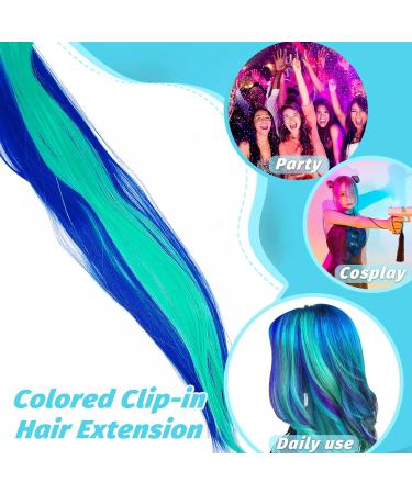 12 Pcs Dark Blue/Turquoise Clip in Hair Extensions 22 Inch - Colorful Highlights for Kids, Women - Heat-Resistant Synthetic Hair for Party Decor - Buy Online on GoSupps.com