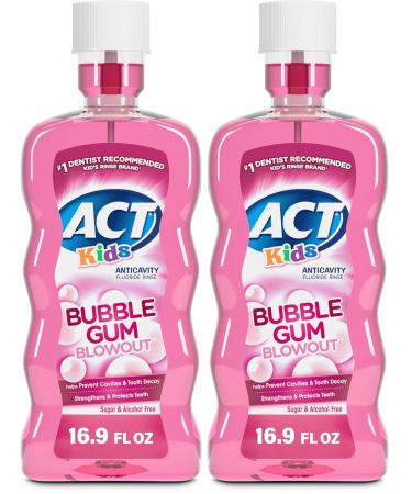 ACT Kids Anticavity Fluoride Mouthwash, Sugar & Alcohol Free Mouth Rinse Strengthens Teeth, Bubble Gum Blowout, 16.9 fl. oz. (Pack of 2)