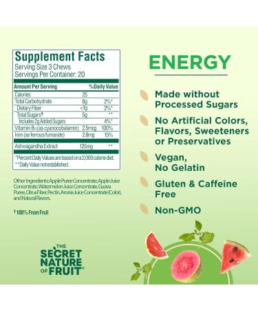 Buy Secret Nature Fruit Energy Chews - Real Fruit Vitamin B12 & Iron with Ashwagandha - Long Lasting Energy - 60 Count (Pink) - International Shipping Available - Buy Online on GoSupps.com
