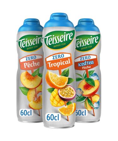 Set of 3 Teisseire Zero Sugar Syrups (Tropical Peach Iced Tea Peach) for Refreshing Drinks Cocktails Recyclable Bottle 3 x 60 cl