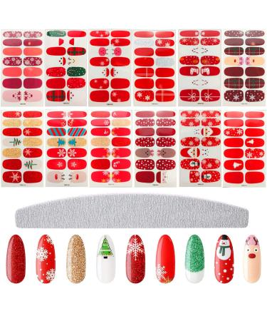 Fantasyon 12 Sheets Christmas Full Nail Wraps DIY Self-Adhesive Nail Polish Stickers with Deer Snowman Xmas Tree Design and Nail File for Girl and Women