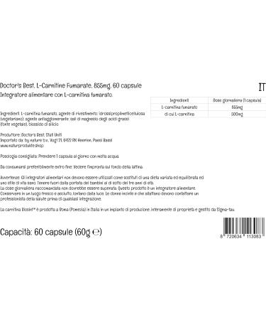 Doctor's Best L-Carnitine Fumarate 500mg - 60 Vegan Capsules | Lab Tested, Gluten Free, SOYA Free, Vegetarian - Amino Acid Supplement - Buy Online on GoSupps.com