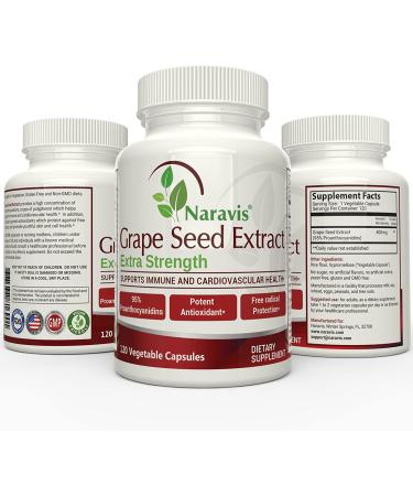 Grape Seed Extract 400mg - 95% Polyphenols Proanthocyanidins - 120 Veggie Capsules - Non-GMO Antioxidant Supplement by Naravis - Buy Online on GoSupps.com