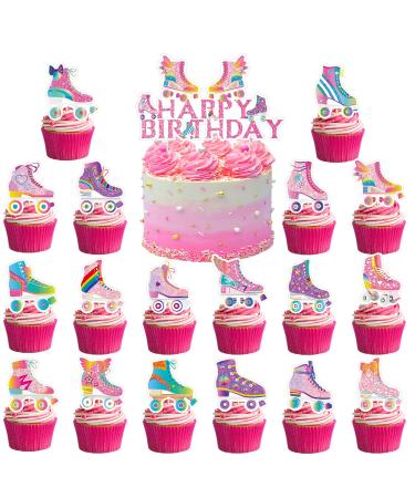 37pcs Roller Skate cake decoration set include 1pc big cake topper 36pcs cupcake toppers for 80s 90s Retro Hip Hop Roller Skating Theme birthday party decor