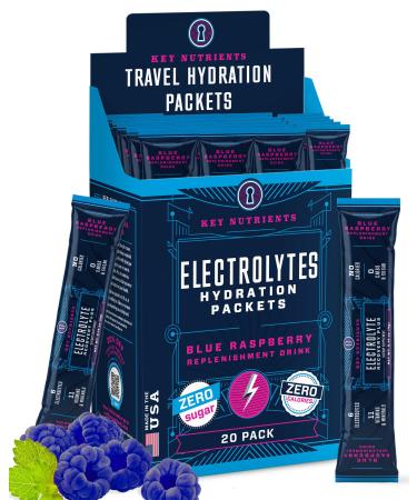 KEY NUTRIENTS Electrolytes Powder Packets - Delicious Blue Raspberry 20 Pack Hydration Packets - Travel Hydration Powder - No Sugar No Calories Gluten Free - Made in USA Blue Raspberry 20 Servings