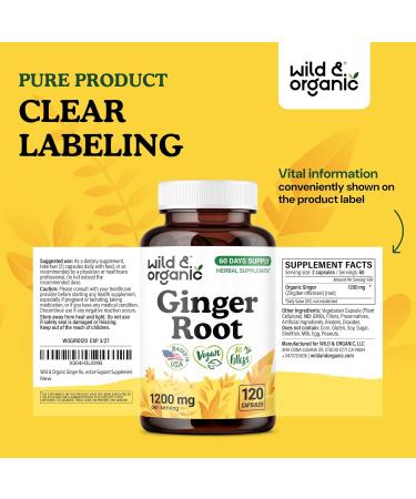 Wild & Organic Ginger Root Capsules 1200 mg - Immune & Digestive Support - Ginger Root Supplement - Zingiber Officinale Powder - 60 Days of Supply - Vegan No Fillers Non-GMO - 120 Count 120 Count (Pack of 1) - Buy Online on GoSupps.com