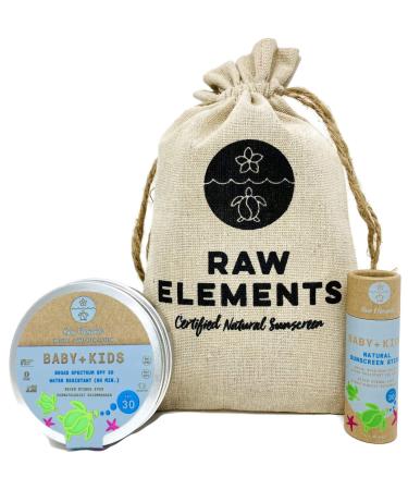 Raw Elements Baby + Kids SPF 30 Organic Sunscreen Zero-Waste Bundle with Lotion Tin 3oz  Lotion Stick 1oz and Hemp Drawstring Bag