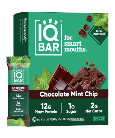 IQBAR Brain and Body Keto Protein Bars - Chocolate Mint Chip - Pack of 12 - 1.6 Oz.