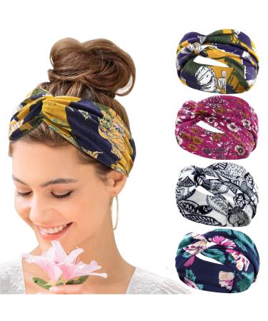 KAVYA Wide Headbands for Women's Hair Headband Soft Head Bands Adult Women Hairband Turban Flower Cotton Head band Everyday Yoga Sport Fitness Yellow blue white rose