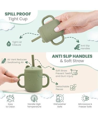 Ezvita Bear Silicone Sippy Cup with Straw - Spill-Proof Lid, Anti-Slip Handles for Babies and Toddlers - Fun Learning Tumbler - Freezer, Microwave, Dishwasher Safe - Silver Sage - Buy Online on GoSupps.com