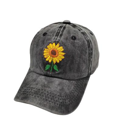 Waldeal Girls' Embroidered Cute Sunflower Hat Teens Vintage Washed Baseball Cap One Size Black