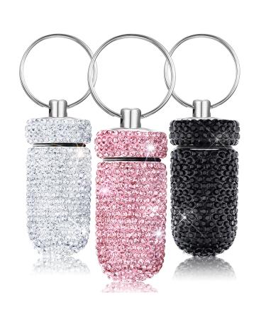 Soleebee 3 Pieces Pill Box Crystal Diamond Bling Medicine Bottle Mini Pill Box Keychain Rhinestone Portable Waterproof Pill Holder Storage Bottle for Outdoor Camping Traveling (Pink+White+Black)