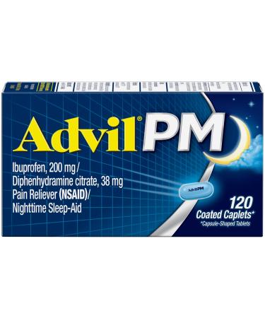 Advil PM Pain Reliever And Nighttime Sleep Aid, Pain Medicine With Ibuprofen For Pain Relief And Diphenhydramine Citrate For A Sleep Aid - 120 Coated Caplets 120 Count (Pack of 1)