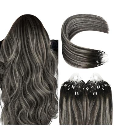 Youngsee Microring Extensions Real Hair Silver Microring Hair Extensions Real Hair 40cm Microring Extensions Black Balayage Silver Hair Desire Real Hair Extensions 50g #1b/Silver/1b 40 cm-Micro 3-3- #1b/Silver/1b