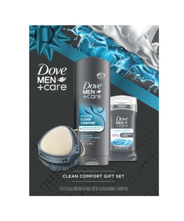 Dove Men+Care Gift Set Clean Comfort Body + Face Wash Clean Comfort Aluminum-Free Deodorant & Dual-Sided Shower Tool (3 Piece Set)