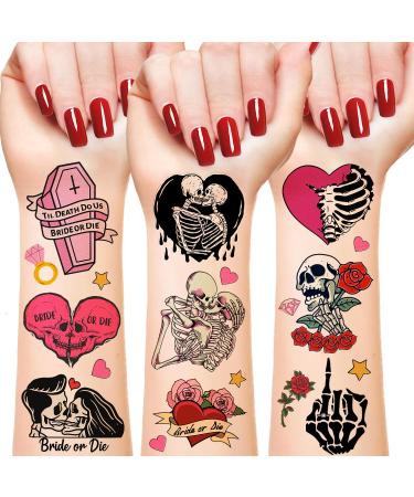 192 PCS Til Death Do Us Temporary Tattoos Stickers Gothic Halloween Sticker for Bridal Shower Supplies Bride or Die Bachelorette Party Decorations Gifts Ideal Prizes Valentine (16 Sheet)