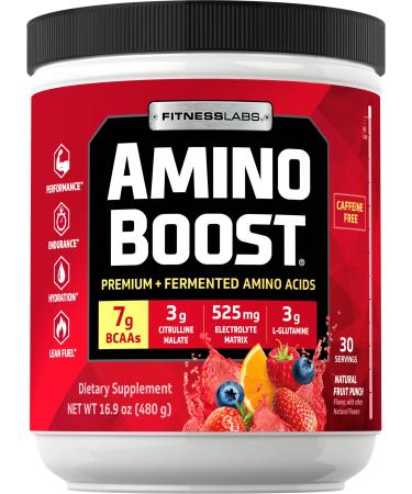 Fitness Labs Amino Boost Fermented BCAA Powder Drink - 7g BCAAs 3g Citrulline Malate 3g L-Glutamine Plus Electrolytes - Build Muscle Endurance Hydration Recovery* (30 Servings Fruit Punch)