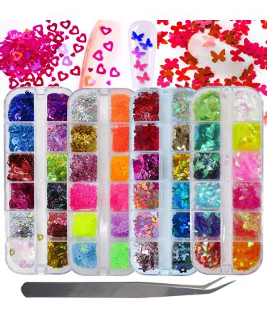 4 Boxes Iridescent Nail Glitter Sequins Set Heart Star Butterfly Shapes  Glitters Flakes Sticker Manicure Accessories for Acrylic  Nails/Resin/Crafts/Makeup Pink Valentines