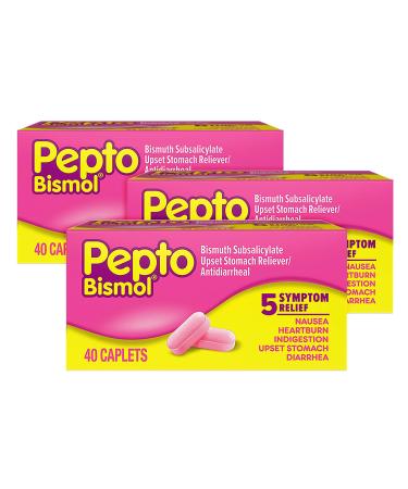 Pepto Bismol Caplets, Upset Stomach Relief, Bismuth Subsalicylate, Multi-Symptom Relief of Gas, Nausea, Heartburn, Indigestion, Upset Stomach, Diarrhea, 40 Caplets (Pack of 3) 120 Caplets
