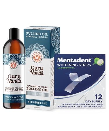 GuruNanda Advanced Formula Oil Pulling - Natural Coconut Oil Mouthwash with Essential Oils & Mentadent Gentle Teeth Whitening Strips with Coconut Oil for Sensitive Teeth & Gums