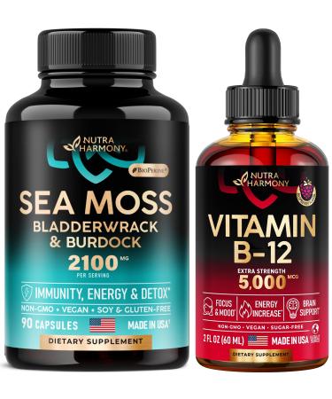 Vitamin B-12 Drops & Organic Sea Moss Capsules - Sublingual Vegan Methylcobalamin - Energy Focus Mood Brain Health - Immunity Energy & Detox Support - Bladderwrack & Burdock Root - Made in USA