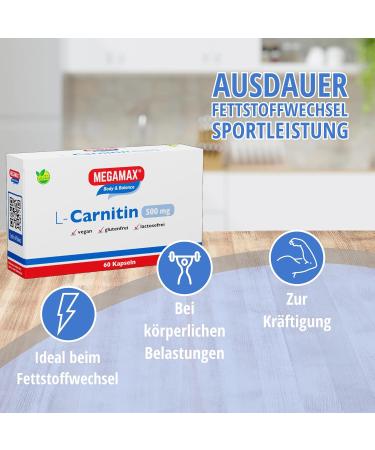 MEGAMAX L-Carnitine 500 mg - Vegan Gluten-Free & Lactose-Free Capsules | Ideal for Figure Training | 60 Capsules - Buy Online on GoSupps.com