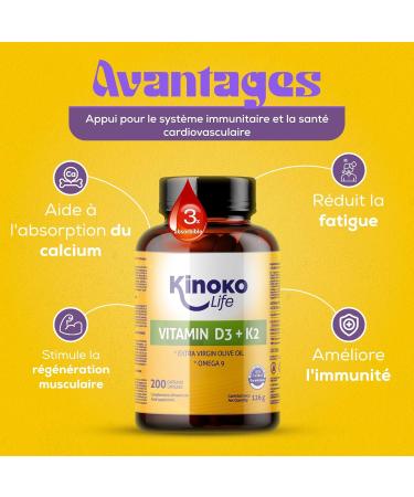 Kinoko Life Vitamin D3 K2 | 200 Liquid Capsules with Omega 9 and Olive Extravergin Oil Vitamin D3 2000 IU and Vitamin K2 MK7 | Adult Vitamin | Vitamin D3 | Vitamin K2 - Buy Online on GoSupps.com