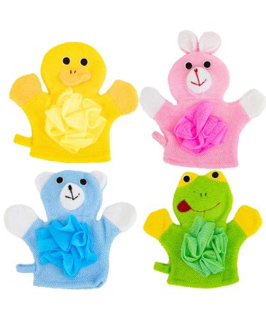 Azure Zone 4 Pack Cartoon Hand Puppet Bath Wash Mitt Towel with Animal Designs for Bath and Shower