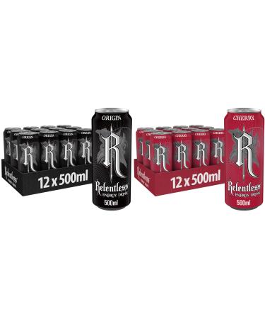 Relentless Energy Drinks 24 Pack 500ml 12 Cans of Origin & 12 Cans of Cherry By Shop 4 Less