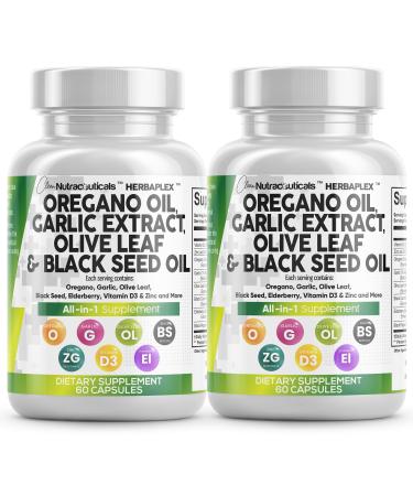 Clean Nutraceuticals Oregano Oil Garlic Extract Olive Leaf Black Seed Oil - Immune Support & Digestive Health Supplement for Women and Men with Vitamin D3 & Zinc - 2Pack