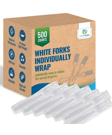 Safeware (500 Pcs) -Individually Wrapped White Medium Weight Plastic Fork - Ideal for Party, BBQ, Picnic, Home, Office, Restaurant Use.