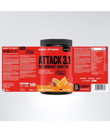 Body Attack Pre Workout Booster - Orange Maracuja 600g | High-Dose Pump Booster with Caffeine L-Arginine & Creatine for Bodybuilding & Muscle Gain - Buy Online on GoSupps.com