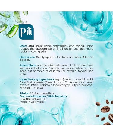 Pili Hyaluronic Serum | Concentrated Hyaluronic Acid Serum with Aloe Vera and Coffee extract | Best Anti- Aging Anti-Wrinkle formula for Face - Suero Concentrado de Acido Hialuronico| 1 oz - Buy Online on GoSupps.com