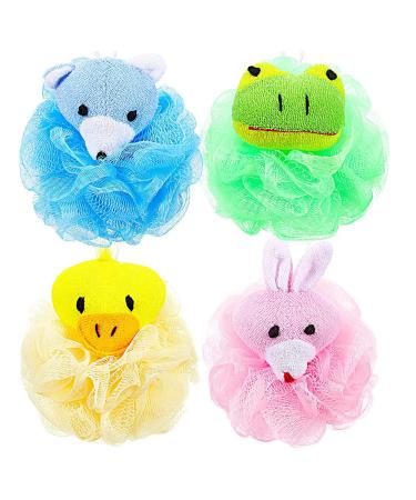 Animal Bath Sponge Body Scrubber Ball Loofah Pack of 4 Assorted Colors Pink Blue Yellow Green Mesh Shower Sponge Pouf with Hooks for Gentle Body Exfoliating Great for Kids Gifts